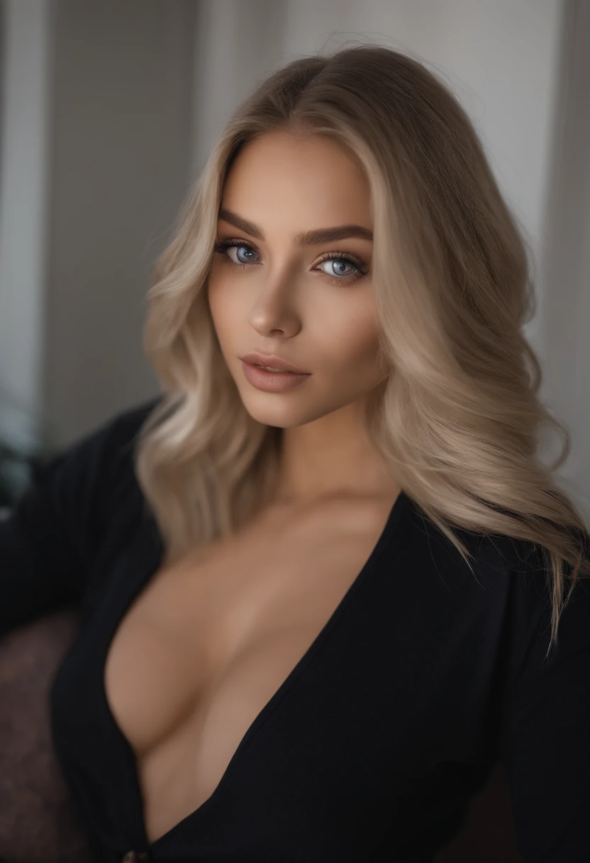 arafed woman with black clothes, sexy girl with dark blue eyes, portrait sophie mudd, blonde hair and large eyes, selfie of a young woman, bedroom eyes, violet myers, without makeup, natural makeup, looking directly at the camera, face with artgram, subtle...