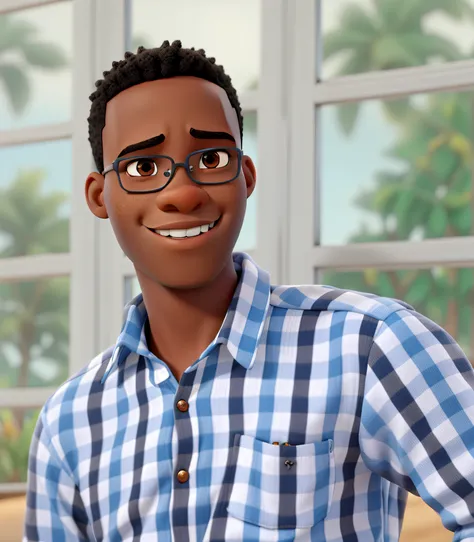 An african young man style pixar without earrings using, standing in front, high quality, best quality, without beards, without earrings