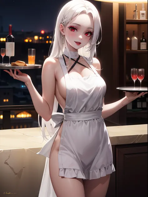 highres, masterpiece, perfect ligthing, bloom, cinematic lighting, adult, perfect skin, female,1girl,solo,red eyes,white hair,long hair,forehead,SIDE SWEPT,lipstick,makeup,pale skin,vampire, naked apron,bar,holding tray,standing,light smile, night