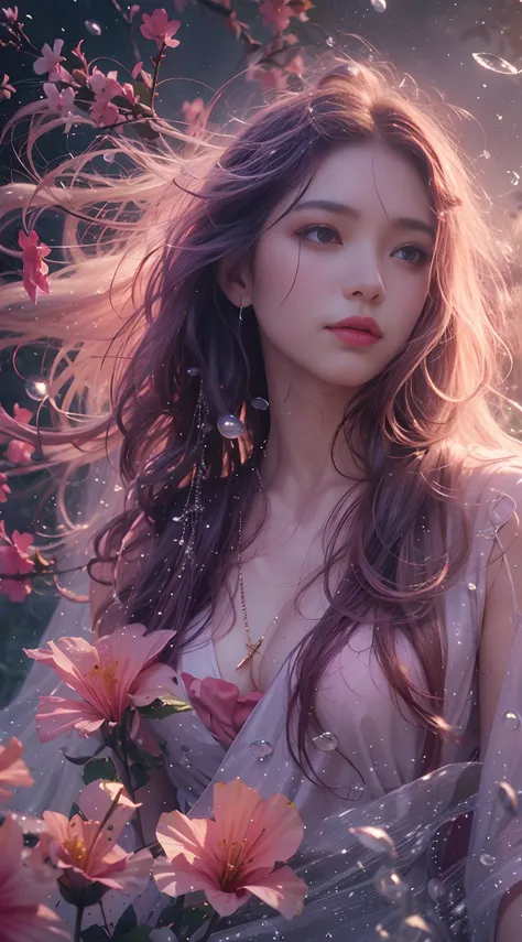 hibiscus Moon with water drops，jungle backdrop，sunraise，Bokha mood，A girl with long flowing hair，Dandelions fall with the wind，Nikon photo effect，The dress slipped off，Expose one shoulder，Large bust，