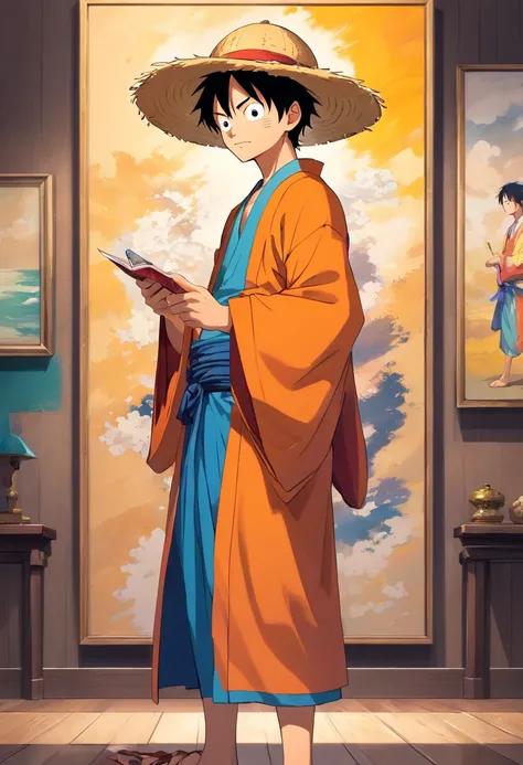 A man in a hat and kimono stands in front of a painting...., inspirado em Eiichiro Oda, Estilo Eiichiro Oda, Estilo de Eiichiro Oda, autor：Joichiro Oda, inspirado em Okumura Masanobu, Uma capa de anime, Luffy, arte oficial do anime, Luffy (one piece, autor...