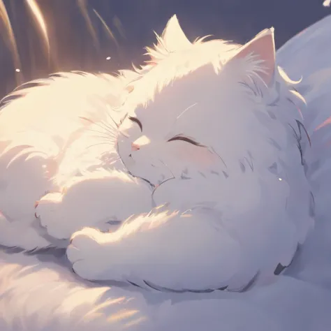 (Best quality, A high resolution),Sleeping curled up white kitten,Adorable,Fluffy,fine art,Realistic,with its soft fur,Peaceful,cozily,Meticulous details,Beautiful beard,Small paws,serene,comfortable,Quiet,blissful,Vivid colors,Gentle lighting