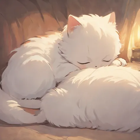 (Best quality, A high resolution),Sleeping curled up white kitten,Adorable,Fluffy,fine art,Realistic,with its soft fur,Peaceful,cozily,Meticulous details,Beautiful beard,Small paws,serene,comfortable,Quiet,blissful,Vivid colors,Gentle lighting