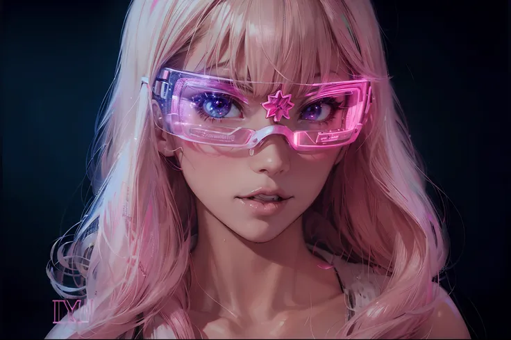 blond woman with pink glasses and pink hair posing for a picture, glowwave girl portrait, bright cyberpunk glow, dreamy cyberpunk girl, cyberpunk eye wear, barbie cyborg, futuristic glasses lenses, cyborg - girl with silver hair, beautiful cyberpunk girl f...