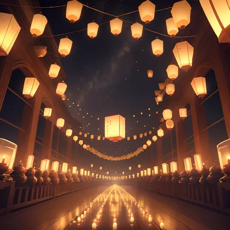 The sight of countless lanterns and lights in the sky is breathtaking, and also countless candles are on the floor,8k,digital artwork,high resolution,high quality,high details