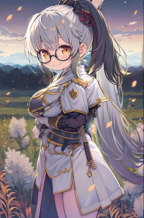 Ayaka, Solemn knight with a ponytail, Wearing glasses、white  hair, Standing in the middle of field background, Add a touch of night armor(0.7) To her charm. She has a charming smile with medium breasts and hair accessories