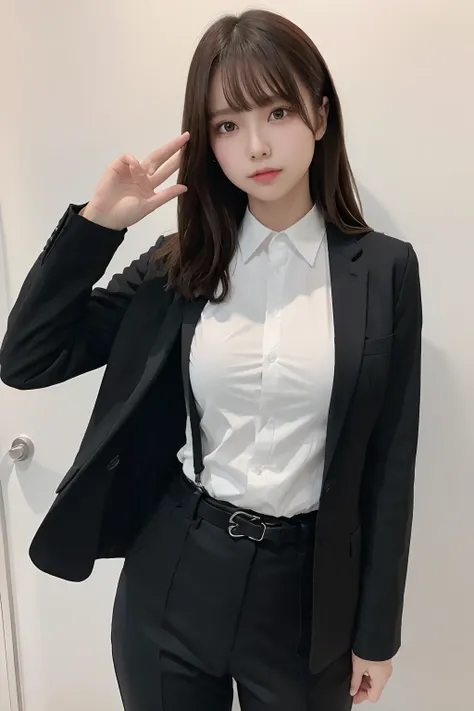 ​masterpiece、flat-colors、depth of fields、lens flare 1 girl、、Brown hair、watching at viewers　　　　a belt　black suspenders　Social OL　　　Too large breasts　　　 　 Armpit sweat　perspiring　Side of both hands　　walls: Black Suit　Black pants, Black jacket