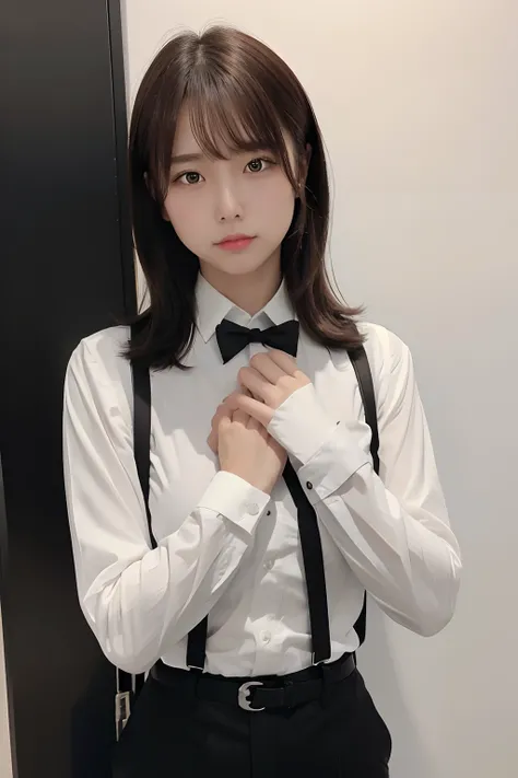 ​masterpiece、flat-colors、depth of fields、lens flare 1 girl、、Brown hair、watching at viewers　　　　a belt　black suspenders　Social OL　　　Too large breasts　　　 　 Armpit sweat　perspiring　Side of both hands　　walls: Black Suit　Black pants, Black jacket