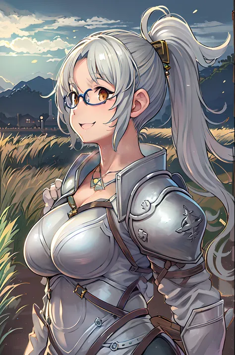 Ayaka, Solemn knight with a ponytail, Wearing glasses、white  hair, Standing in the middle of field background, Add a touch of night armor(0.7) To her charm. She has a charming smile with medium breasts and hair accessories、huge-breasted、