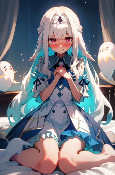 One girl with long wavy hair, white hair, looking at viewer, embarrassed, blushing, tears, indoor , ghost, ghost dress, full white dress, triangle headband, perfect waist, bed, sit on, spread legs, night atmosphere, kneeling pose