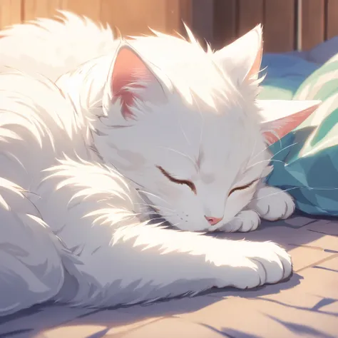 (Best quality, A high resolution),A white kitten curled up in sleep,Endearing,hairy pubic，with its soft fur,Peaceful,cozily,Meticulous details,Cute little paws,serene,comfortable,Quiet,blissful,Vivid colors,Gentle lighting