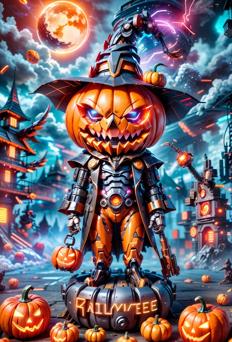 (Best quality, 8K,A high resolution,Masterpiece:1.2),Ultra-detailed),Futuristic robot pumpkin monster,full bodyesbian,colorful neon,High-tech mechanical parts,Metal hats are cool,Metal legs,Bionic eye,Detailed feather design,sharp beak,hovers in mid-air,El...