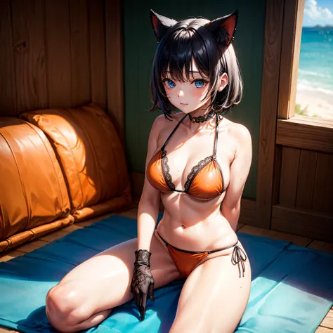 realisitic、top-quality、sit on beach、((One Woman:1.5))、Black hair、Short hair、Cat ears、Blue eyes、inside in room、Orange PVC Bikini、Lace gloves、Medium chest