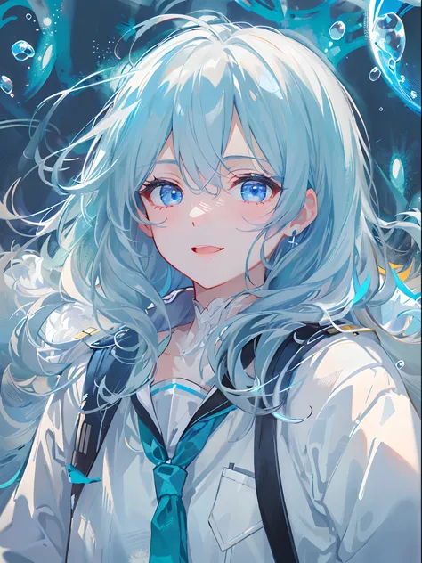 ((top-quality)), ((​masterpiece)), ((ultra-detailliert)), (Extremely delicate and beautiful), girl with, 独奏, cold attitude,((Black jacket)),She is very(relax)with  the(Settled down)Looks,A dark-haired, depth of fields,Evil smile,Bubble, under the water, Ai...