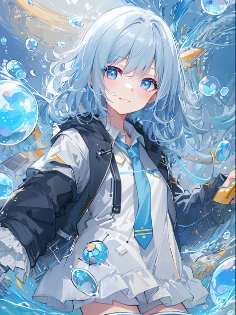 ((top-quality)), ((​masterpiece)), ((ultra-detailliert)), (Extremely delicate and beautiful), girl with, 独奏, cold attitude,((Black jacket)),She is very(relax)with  the(Settled down)Looks,A dark-haired, depth of fields,Evil smile,Bubble, under the water, Ai...