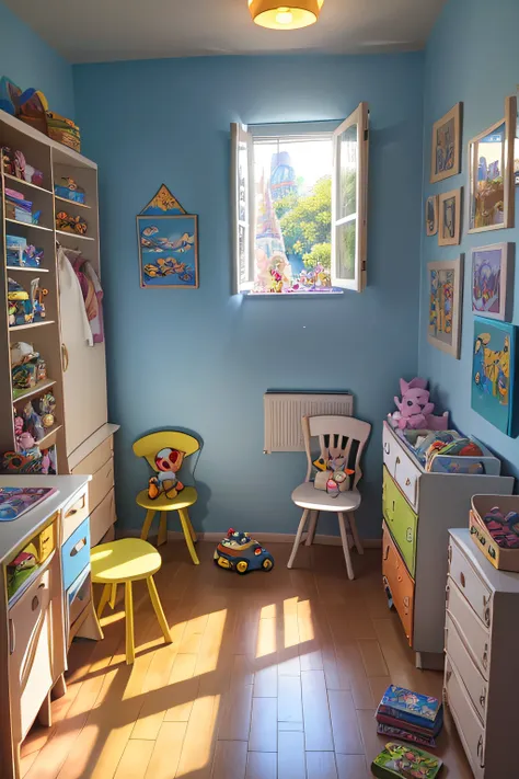 Disney Pixar Style Childrens Room, Rich illumination of the sun over center, Details on childrens paintings and toys scattered on the floor.