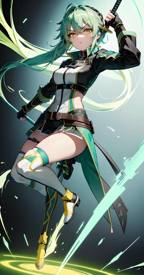 (beste-Qualit, tmasterpiece), 1girl, Sinon Asada from Masters of the sword Onlinein the style of a Mortal Kombat character Full Body with Yellow Hair and Yellow Eyes 4k