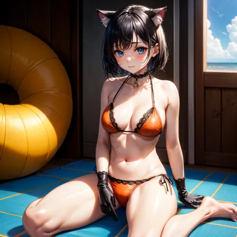 realisitic、top-quality、sit on beach、((One Woman:1.5))、black hair、short hair、cat ears、blue eyes、inside in room、orange PVC Bikini、Lace gloves、Medium chest