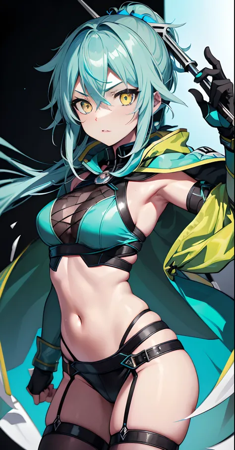 (beste-Qualit, tmasterpiece), 1girl, Sinon Asada from Masters of the Sword Onlinein the style of a Mortal Kombat character Full-length with blue hair and yellow eyes 4k