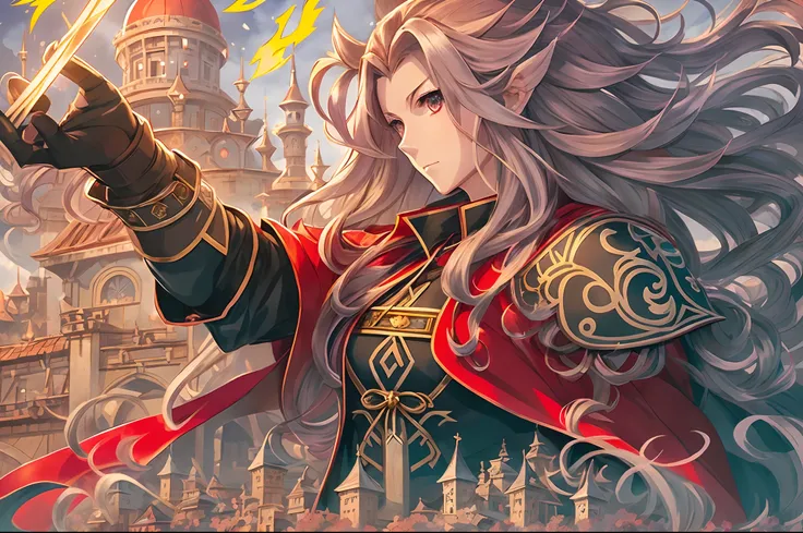 Photo of a woman with long hair and wearing a red cape, Holding a Sword, high detail official illustrations, official artwork, keqing from genshin impact, detailed key anime art, boris valejo. octopath traveler, cushart krenz key art feminine, artbook artw...