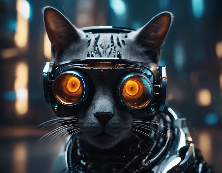 a robot-cat is wearing a black VR glasses on its eyes, cyberpunk, dazzling light, future background, high quality, super details, 8K --ar 3:4 --s 180 --style expressive