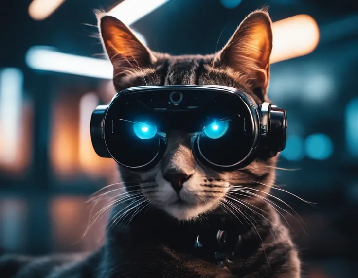 a robot-cat is wearing a black VR glasses on its eyes, cyberpunk, dazzling light, future background, high quality, super details, 8K --ar 3:4 --s 180 --style expressive