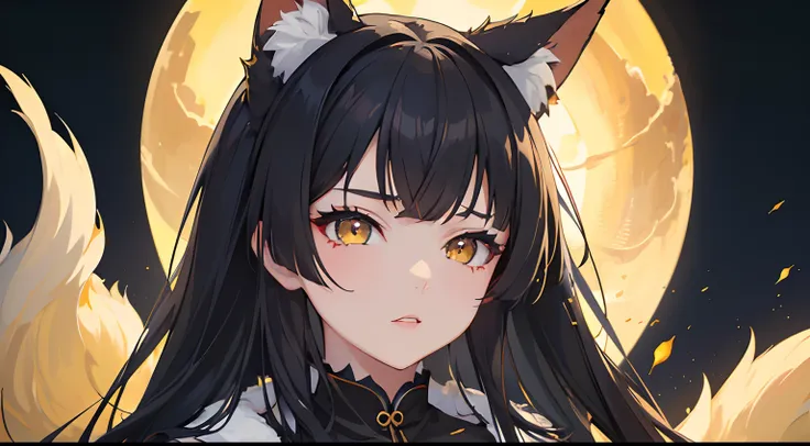 masterpiece, best quality, 1girl, black hair, yellow eyes, kitsune, night tailed fox, night festival, detailed eyes, detailed fa...