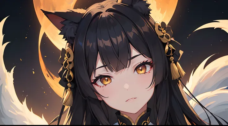 masterpiece, best quality, 1girl, black hair, yellow eyes, kitsune, night tailed fox, night festival, detailed eyes, detailed fa...