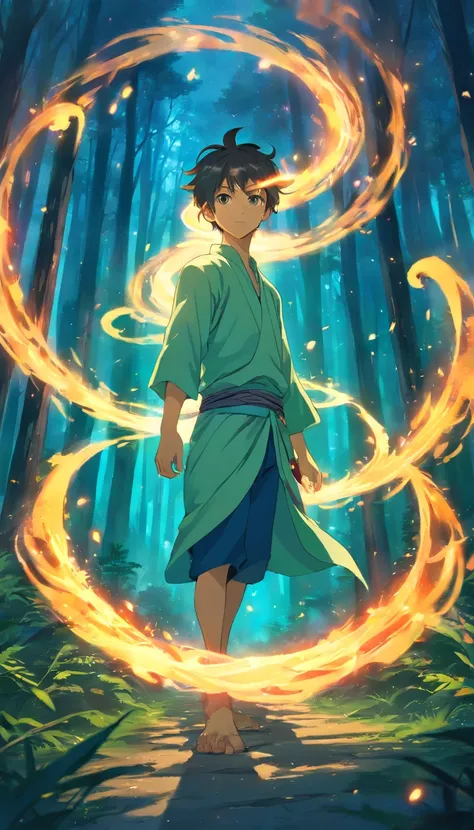 Amidst an ancient and overgrown forest, the essence of magic takes form through a young man, his hair as dark as the shadows and his eyes a radiant golden blaze. A mystical mark graces his neck, shimmering with latent power. Within a clearing, he stands en...