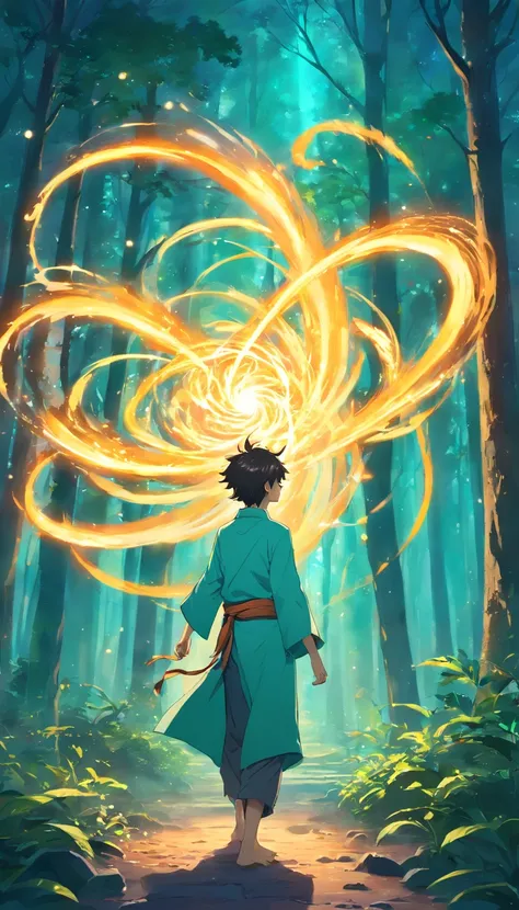 Amidst an ancient and overgrown forest, the essence of magic takes form through a young man, his hair as dark as the shadows and his eyes a radiant golden blaze. A mystical mark graces his neck, shimmering with latent power. Within a clearing, he stands en...