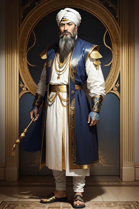 Master with a white turban dressed in blue and gold short beard is 50 years old whole body standing