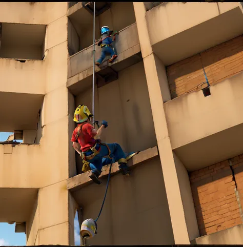 Obra-prima, de melhor qualidade, A firefighter with yellow helmet, red shirt and blue pants and black boots, rappelling down a tower