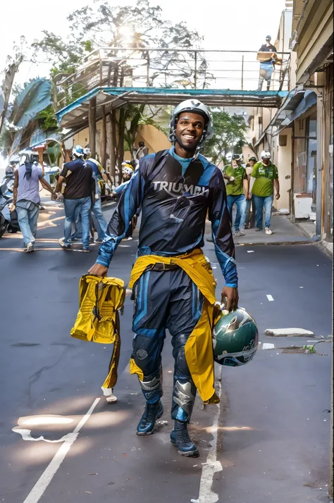 Theres a young black man walking down the street with an alpinestars helmet and boots, virado, Carmelo Blandino, triunfante, sao paulo, luis melo, triunfo, tomas sanchez, Directed by: Fernando Gerassi, corrida, Directed by: Willian Murai, icaro carvalho, s...