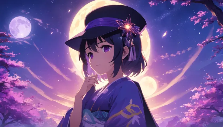 New Kaijo Anime Style,Moonlight,Purple background,Stars,large tree, Dreamy foreground, Vibrant colors, Detailed leaves, Glossy bark, moon shining, Ethereal Atmosphere, Soft lighting, magical feeling vibes, Mystical Shadow, Capricious branches, Mesmerizing ...