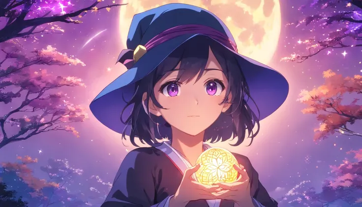 New Kaijo Anime Style,Moonlight,Purple background,Stars,large tree, Dreamy foreground, Vibrant colors, Detailed leaves, Glossy bark, moon shining, Ethereal Atmosphere, Soft lighting, magical feeling vibes, Mystical Shadow, Capricious branches, Mesmerizing ...