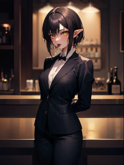 highres, masterpiece, perfect ligthing, bloom, cinematic lighting, adult, perfect skin, female,1girl,solo,black hair,undercut,yellow eyes,pointy ears, black lipstick, bar,standing,arms behind back,night,suit