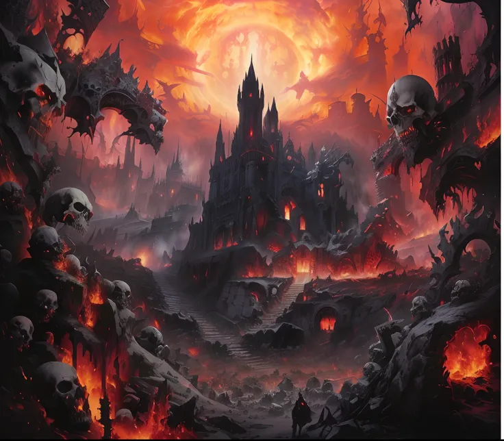 arafed image of a castle surrounded by skulls and flames, hell scape, detailed cover artwork, ruins of hell, hell background, infernal art in good quality, the final battle in hell, heavy metal artwork, landscape of apocalypse city, dark fantasy artwork, h...