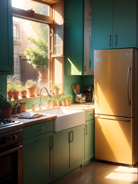 Kitchen, refrigerator, Roaster, A plant, window. rays of sunshine --auto