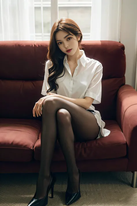 one-girl,Sit on a comfortable sofa,Cross ed leg,Soft light，wearing silk stockings，Wear a shirt ，Wear high heels，