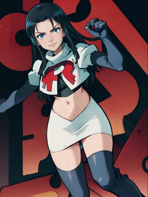 nico robin,rocket,team rocket uniform, red letter R, white skirt,white crop top,black thigh-highs,black elbow gloves, looking at viewer, smile