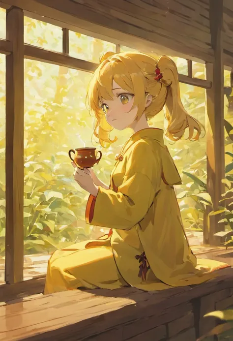 A happy and cute little girl from ancient China，Sitting in the pavilion drinking tea，Peanut field as the background，yellow hue，Abstract picture，ultra-realistic realism，Clear background trends，clear contour light，rim-light，fanciful，Speckled light，Graphic il...