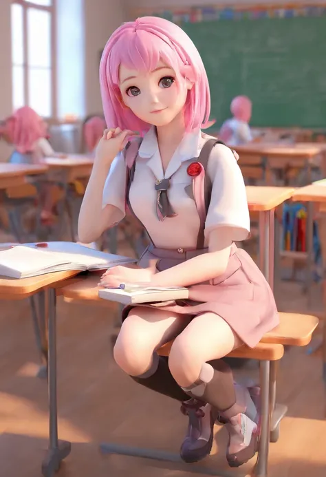 1girl, School uniform, Stand in the classroom, pink hair