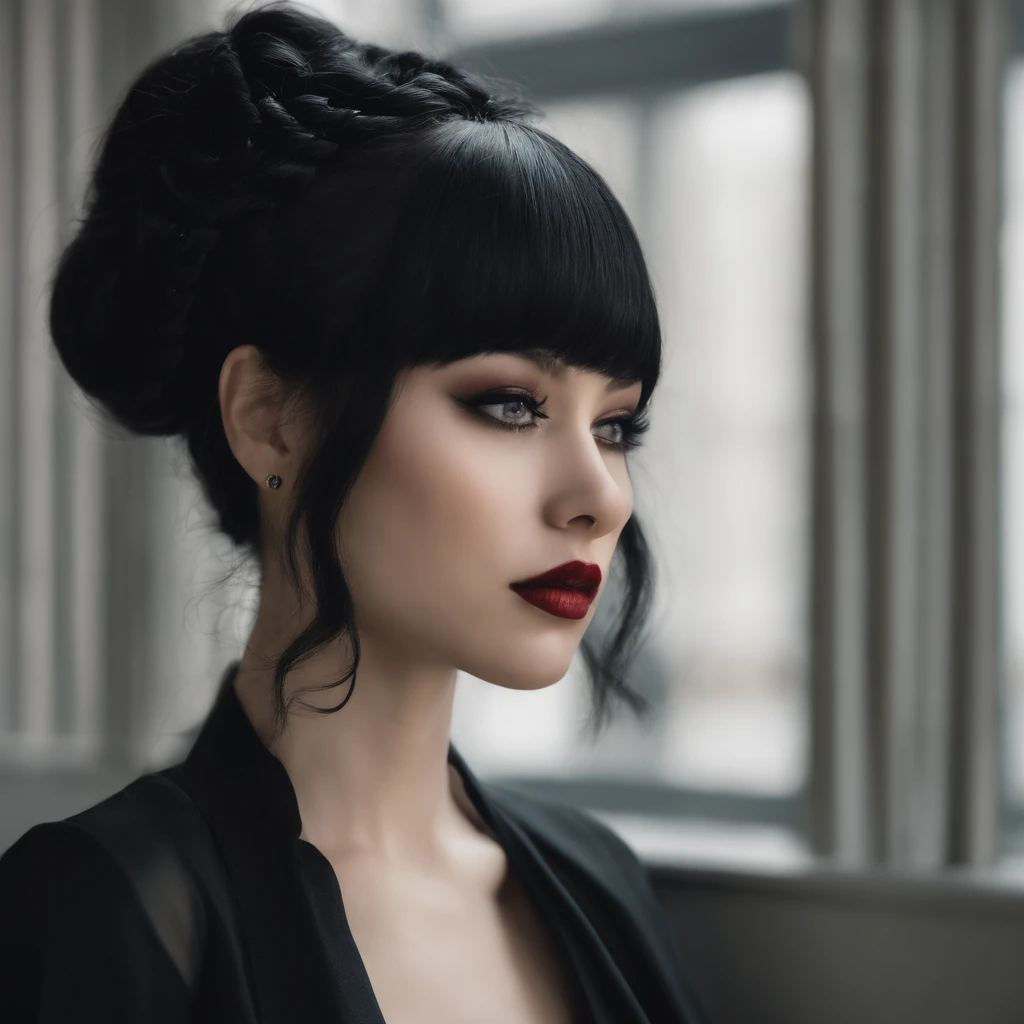 arafed image of a woman with black hair and a black dress, whitebangsblackhair, blackhair, discord profile picture, halfbody headshot, black-hair, she has black hair with bangs, profile image, dark - hair, dark-hair, goth girl aesthetic, hair blackbangs ha...