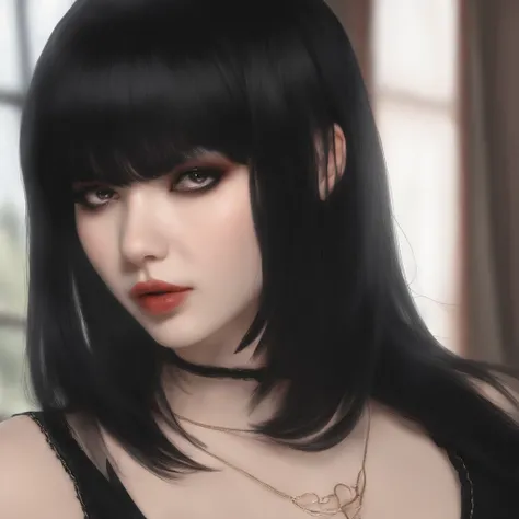 arafed image of a woman with black hair and a black dress, whitebangsblackhair, blackhair, discord profile picture, halfbody headshot, black-hair, she has black hair with bangs, profile image, dark - hair, dark-hair, goth girl aesthetic, hair blackbangs ha...