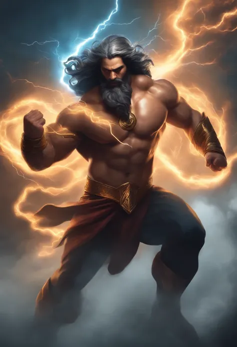 Full body with toes (zeus god), smoke skin,Hair flying, lightning bolt in hand, face fierce and angry