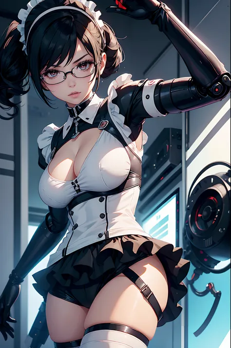 1girl, solo, maid outfit, shorts, collar, winking, futuristic, large breasts, idol, singer, black hair, brown eyes, beautiful face, bayonetta inspired, onee-san, video game, android, robot, AI, dynamic pose, front view, detailed features, no glasses, inspi...