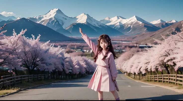 allukazoldyck, girl, 11 years old, cute, cherry blossom, pink tress background, mountains stretching at the back