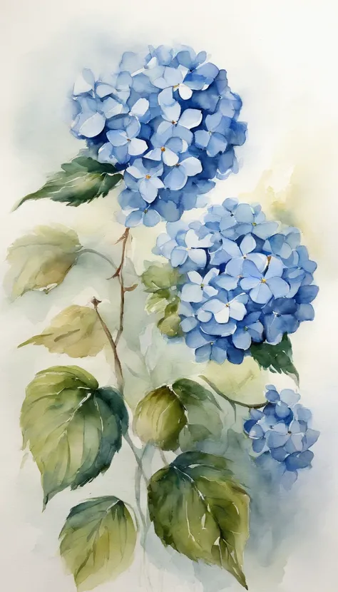 A small bouquet of 2 blue hydrangeas on a white background, in the center of the image