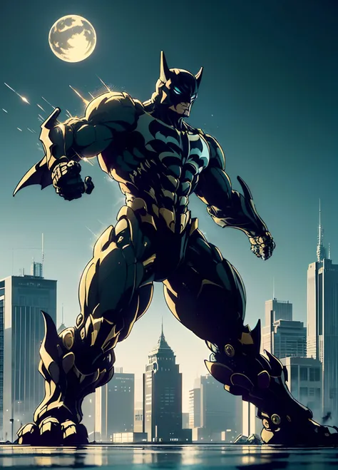 detailed, ultra-detailed, masterpiece, 8k wallpaper, , (bio mecha),(mecha), , (muscle:1.3), (muscle tissue:1.5), ((japanese Actor, abe hiroshi)), ((butman, batman style, batman costume)), ((action Pose, dynamic arrange, fighting pose)), ((Skyscraper at nig...