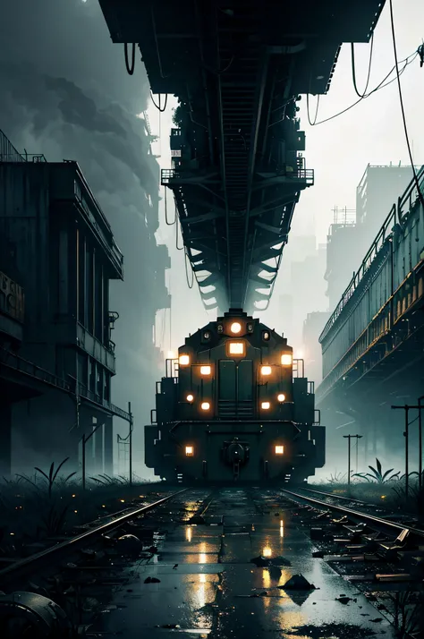 gloomy art, dystopic atmosphere, high wall, giant massive iron train stucked in dark slimy oily swamp, black ground